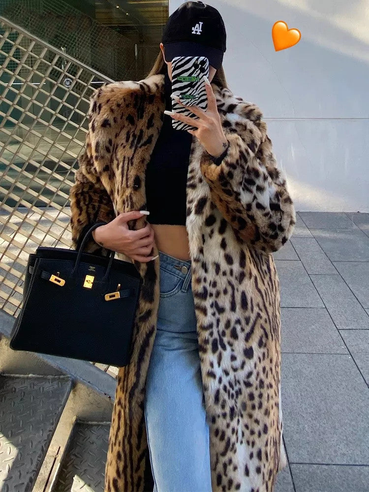 Women's Fashion Leopard Print Suit Collar Furry Coat