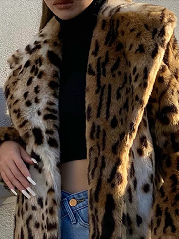 Women's Fashion Leopard Print Suit Collar Furry Coat