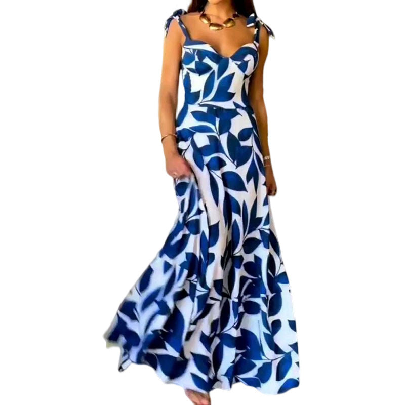 Printed High Waist Lace-up Sleeveless Dress