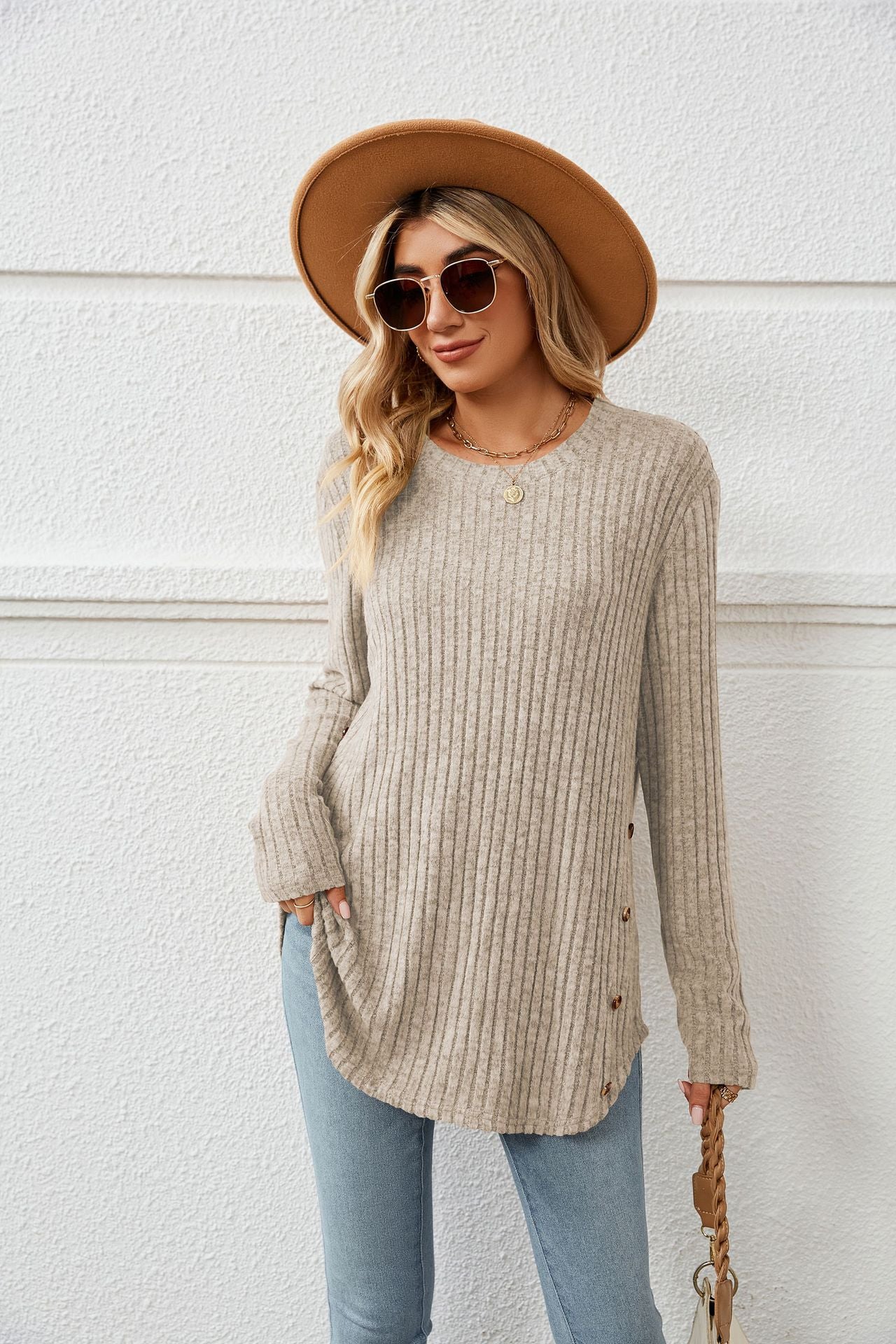 Autumn And Winter New Round Neck Long Sleeve Loose Button T-shirt Top For Women