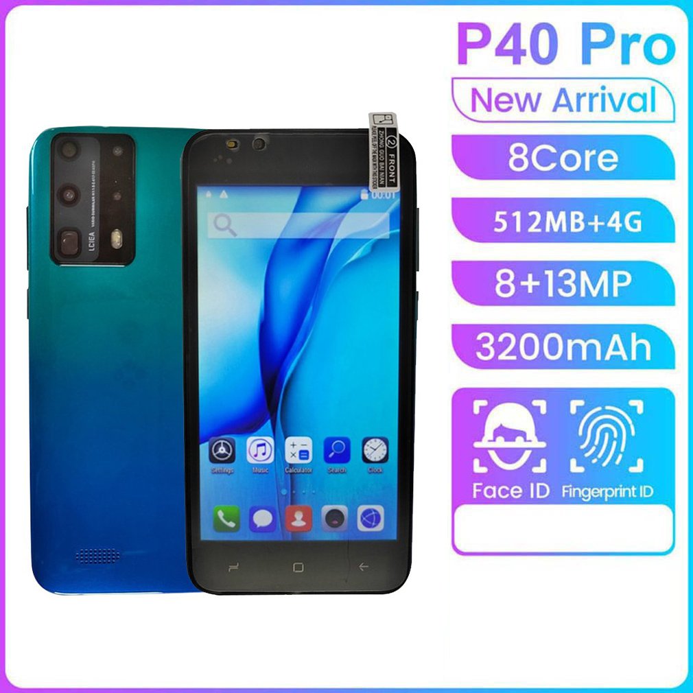 2022 New Arrival P40 Pro Dual-Core Smartphone 5 Inch Full Screen Cellphone 512M+4G Mobile Phone 3D Glass Plated Back Cover Blue