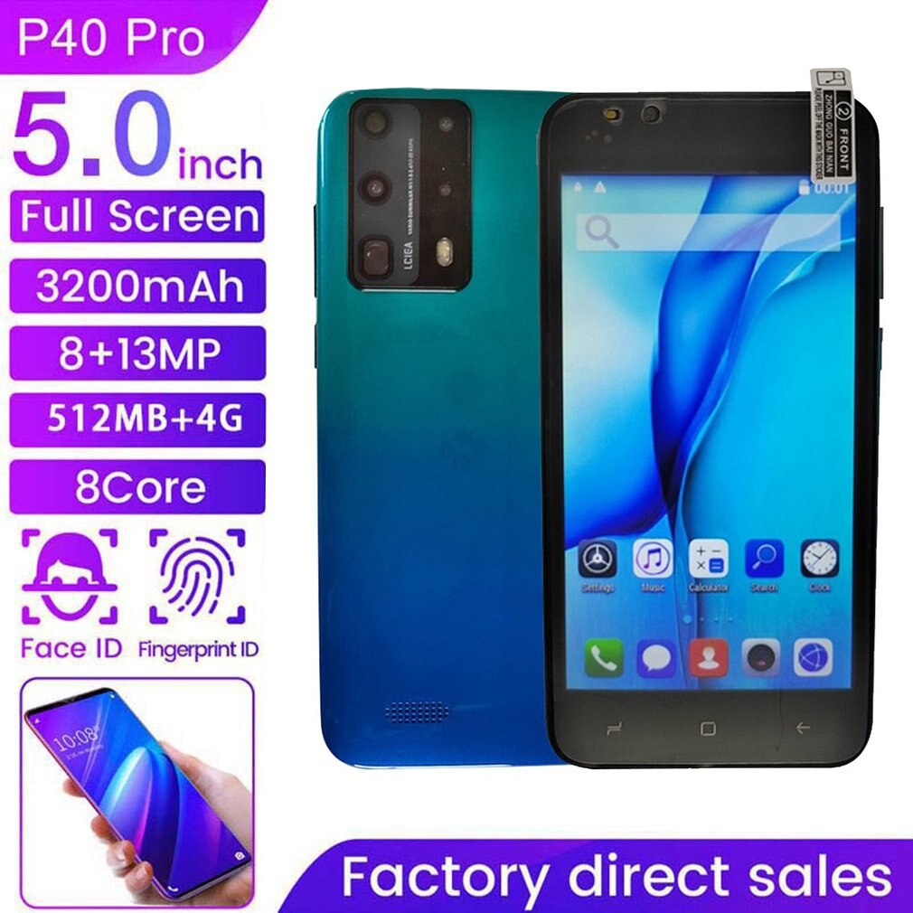 2022 New Arrival P40 Pro Dual-Core Smartphone 5 Inch Full Screen Cellphone 512M+4G Mobile Phone 3D Glass Plated Back Cover Blue