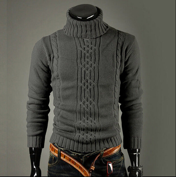 Casual Slim Pullover Solid High Lapel Jacquard  Men Sweater