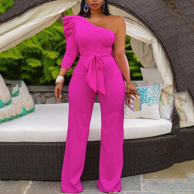 2023 Autumn Fall Women Jumpsuits Pink Puff Sleeve High Waisted V Neck Elegant Evening Night Rompers Cloth