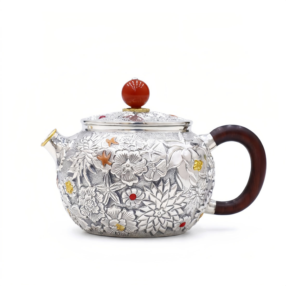 925 Sterling Silver Exquisite Floral Relief Silver Teapot Featuring Wood Handle and Vibrant Red Accent - Handicraft