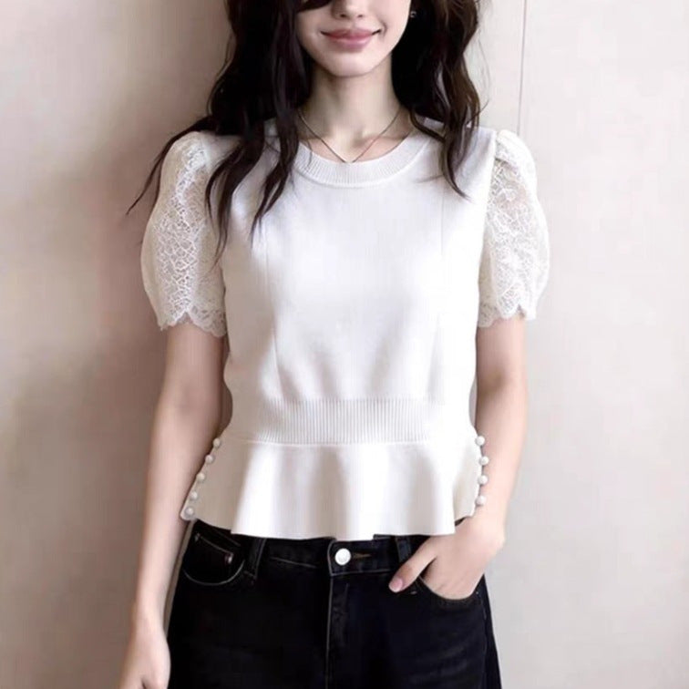 Elegant Patchwork Lace Short-Sleeve Knit Top