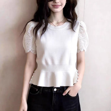 Elegant Patchwork Lace Short-Sleeve Knit Top