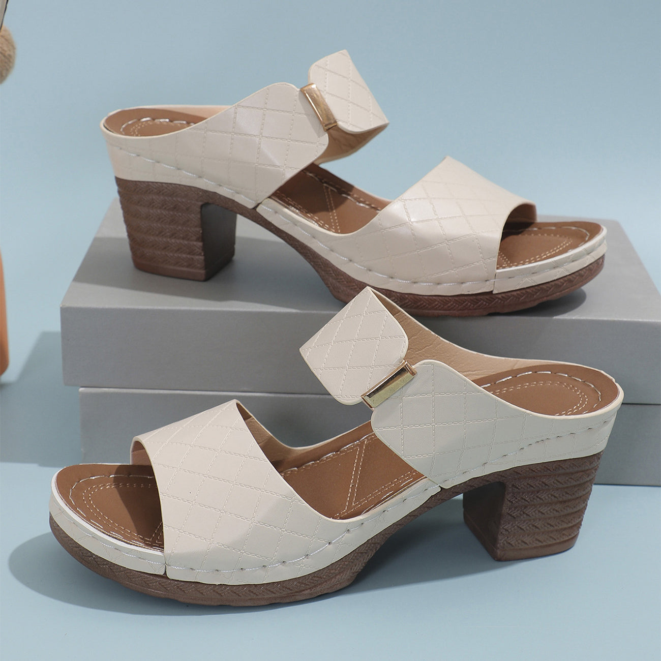 Chunky Heel Sandals Summer Round Toe Plaid Slides Slippers Fashion Outdoor High Heels Shoes For Women - Chilazexpress Ltd