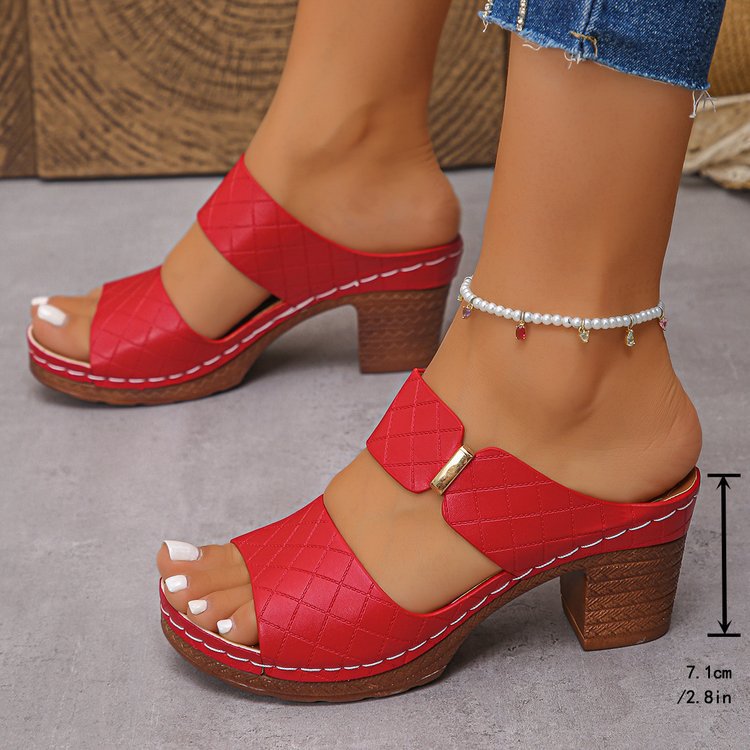 Chunky Heel Sandals Summer Round Toe Plaid Slides Slippers Fashion Outdoor High Heels Shoes For Women - Chilazexpress Ltd