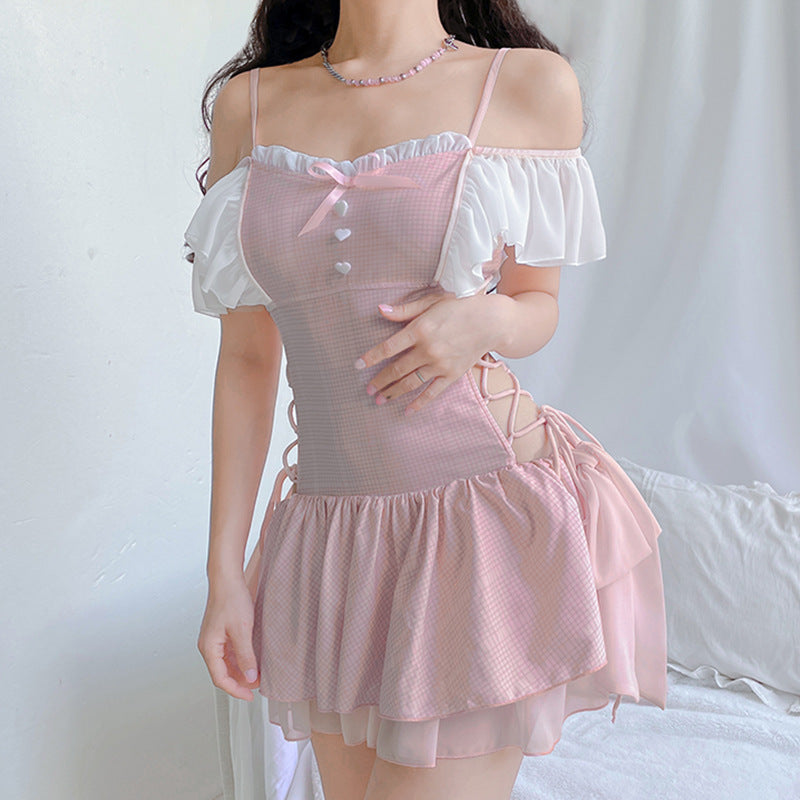 Fantasy Girl Plaid Strap Off-the-shoulder Dress