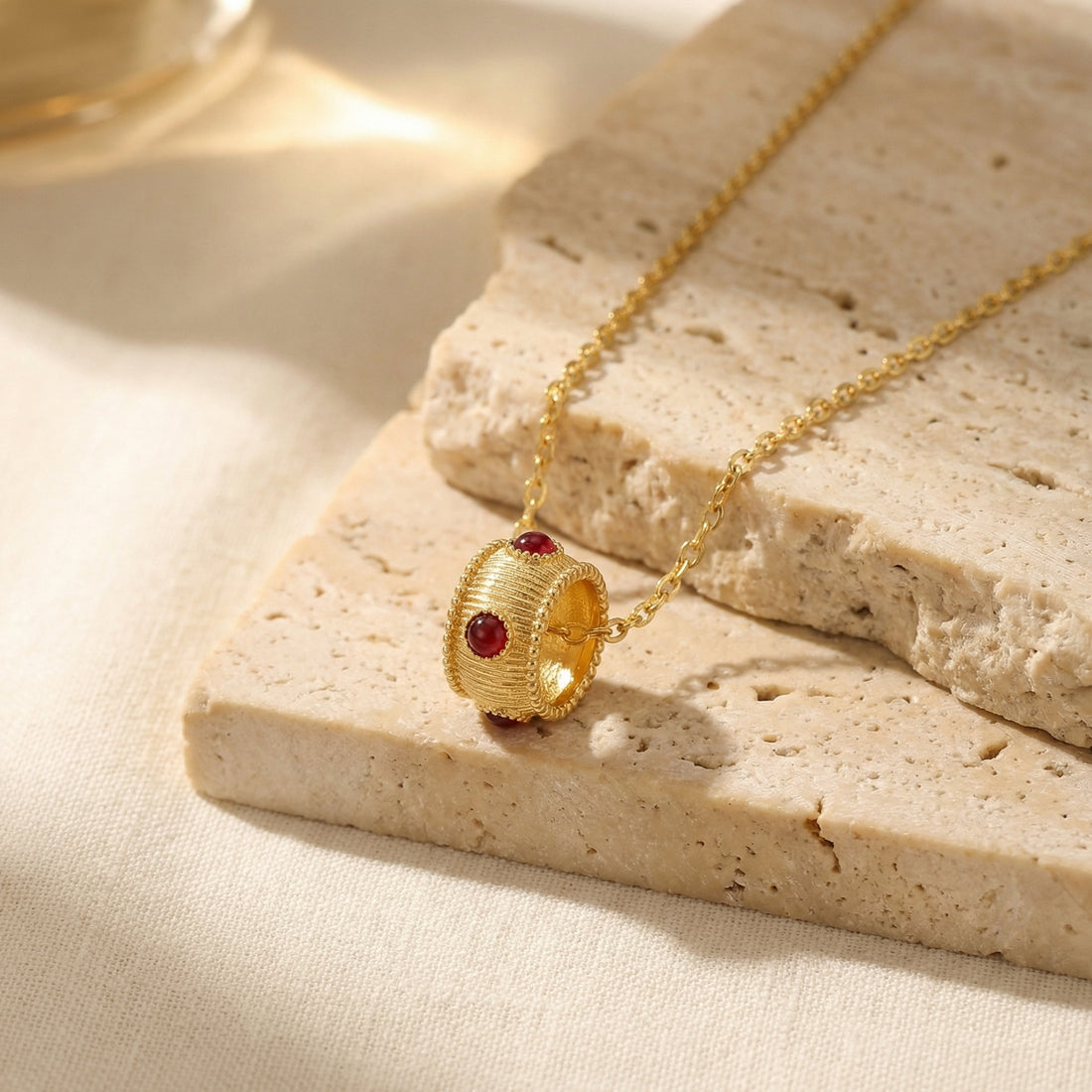 925 Sterling Silver Elegant Ribbed Barrel Pendant Necklace with Deep Red Cabochons