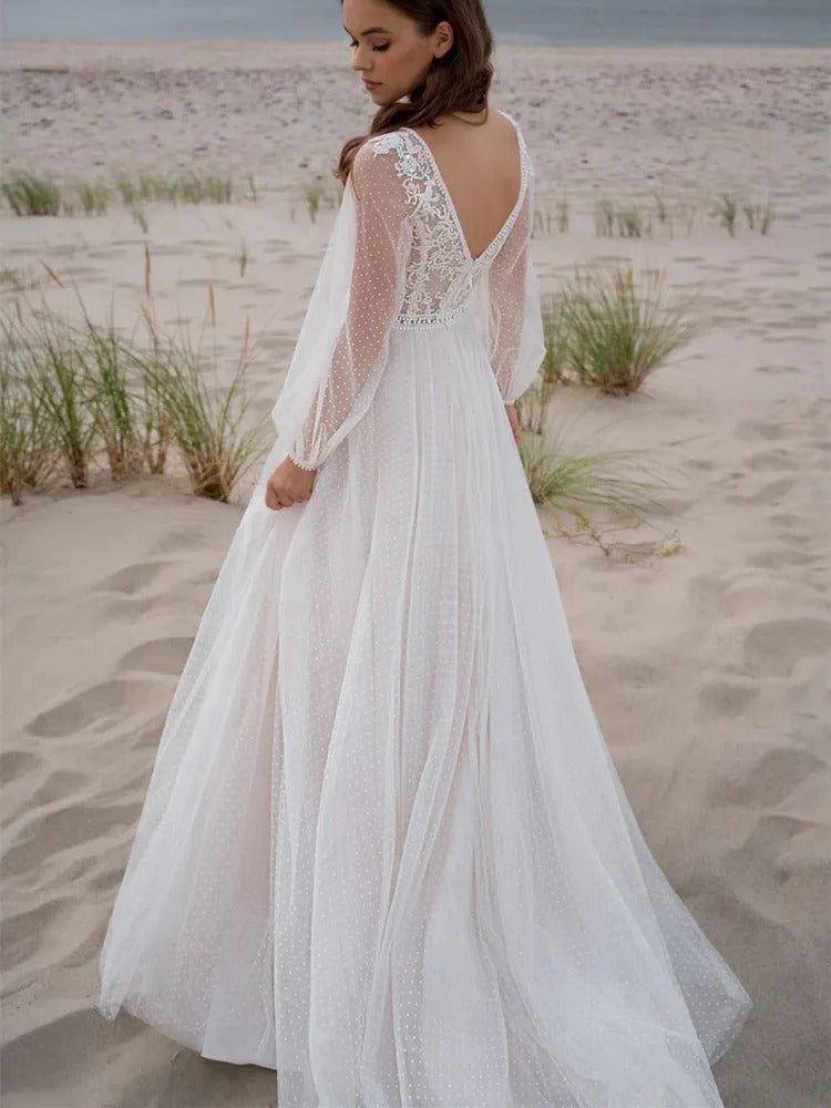 Beach Boho V-Neck Tulle Wedding Dress