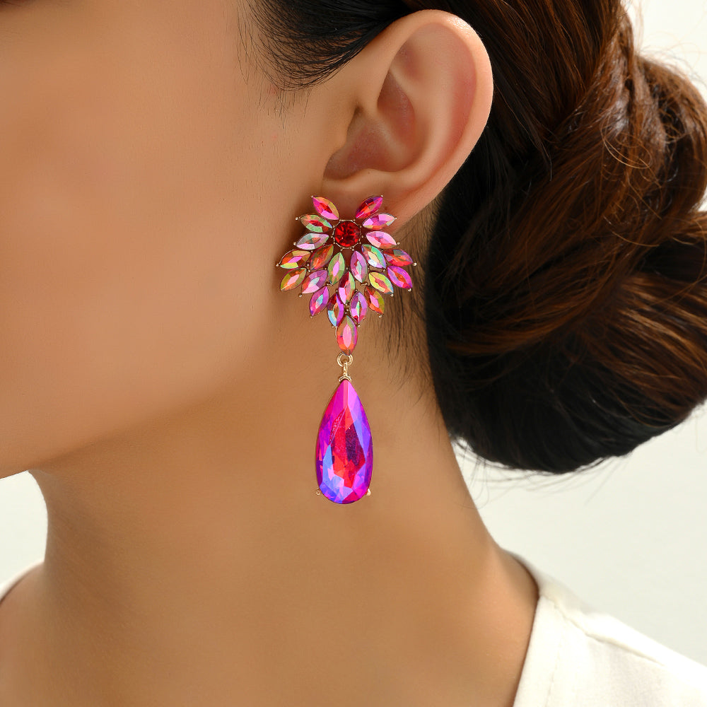 Floral Crystal Teardrop Dangle Earrings Statement Rhinestone Drop Jewelry For Women Party Wedding Bridal Prom