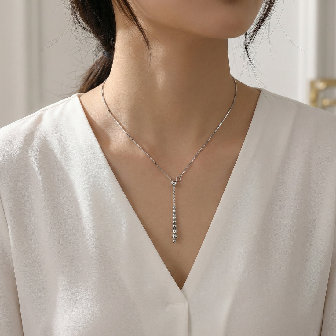 925 Sterling Silver Elegant Sterling Silver Graduated Bead Lariat Necklace with Adjustable Slider Box Chain