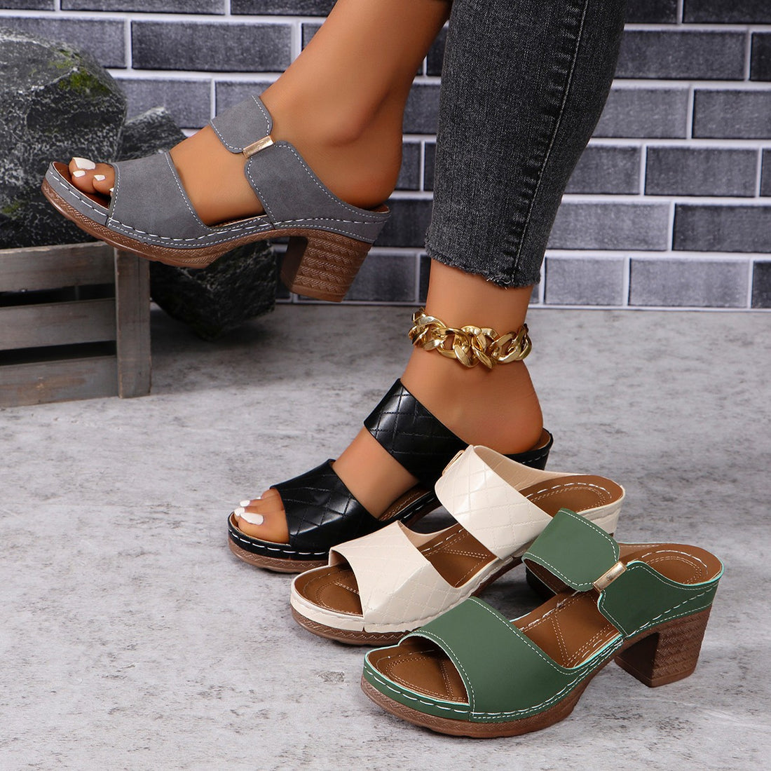 Chunky Heel Sandals Summer Round Toe Plaid Slides Slippers Fashion Outdoor High Heels Shoes For Women - Chilazexpress Ltd