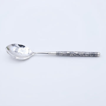 925 Sterling Silver Ornate Silver-Tone Slotted Spoon with Intricate Koi Fish and Traditional Pattern Embossed Handle - Handicraft