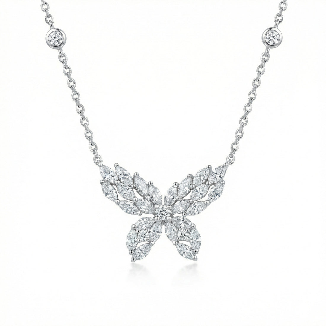 925 Sterling Silver Elegant Marquise CZ Butterfly Necklace with Bezel-Set Station Accents