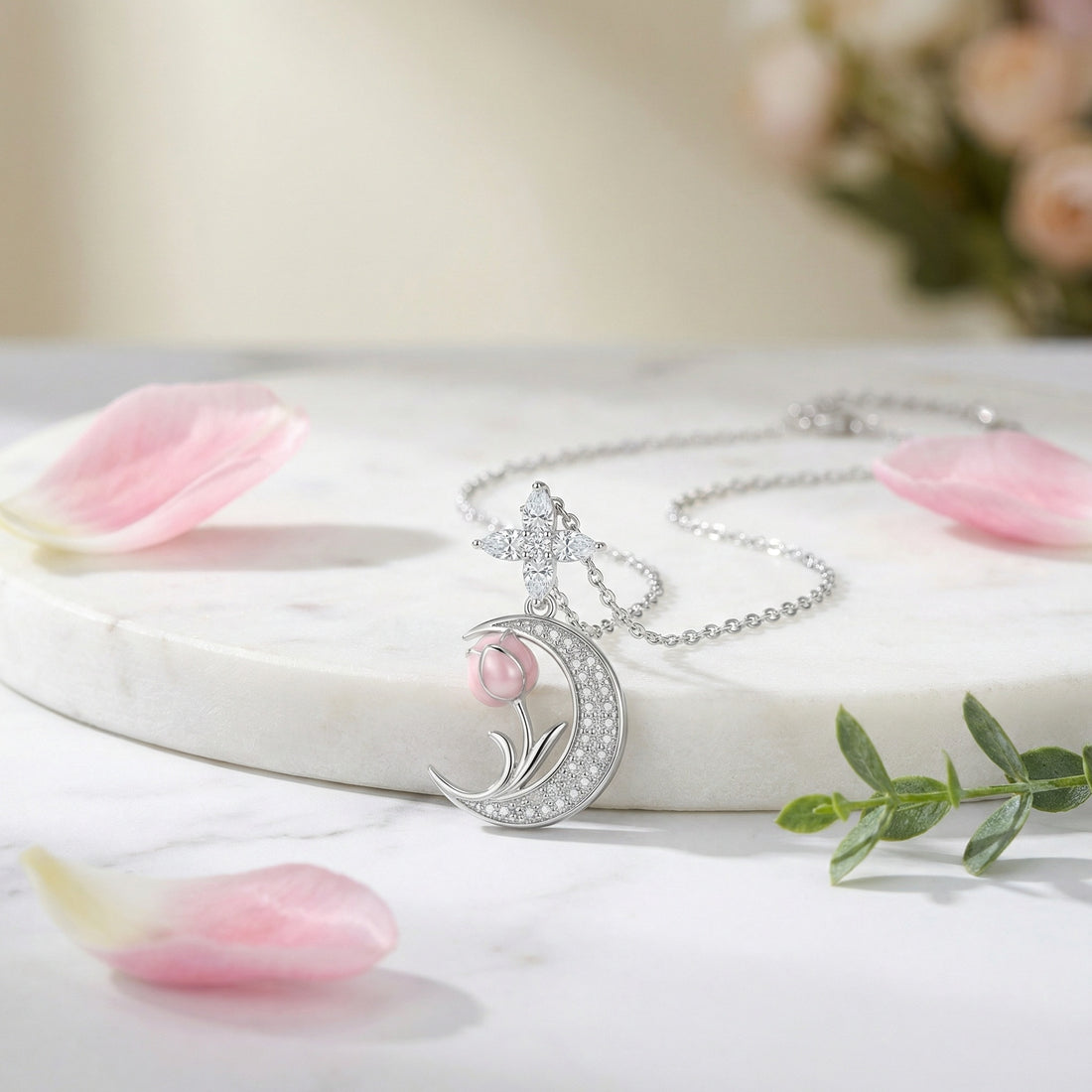 925 Sterling Silver Elegant Silver Crescent Moon Necklace Featuring a Delicate Pink Tulip Pendant