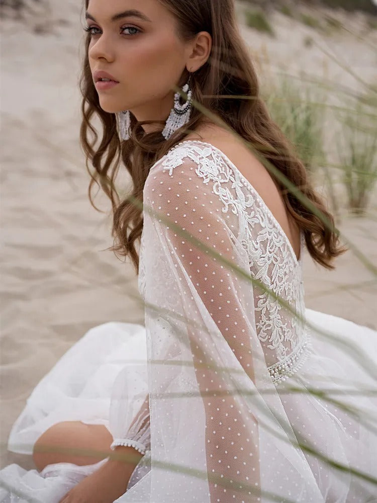 Beach Boho V-Neck Tulle Wedding Dress