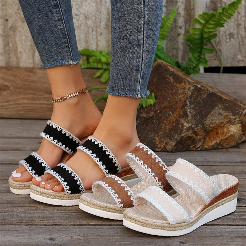 New Hemp Rope Woven Wedge Slippers Summer Ethnic Style Sandals Double Wide Strappy Shoes For Women - Chilazexpress Ltd
