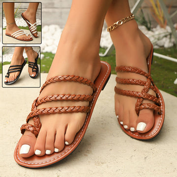 Summer Clip-toe Woven Sandals INS Fashion Beach Flat Slides Slippers Outdoor Roman Shoes For Women - Chilazexpress Ltd