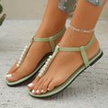 Pearl Thong Sandals Summer Fashion T-Strap Flat Sandals With Elastic Band Beach Shoes For Women - Chilazexpress Ltd