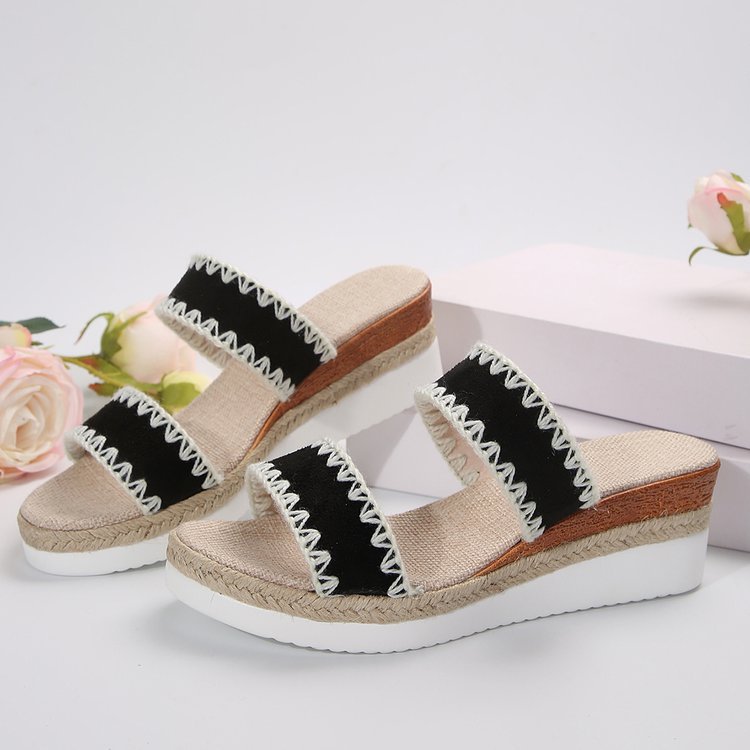 New Hemp Rope Woven Wedge Slippers Summer Ethnic Style Sandals Double Wide Strappy Shoes For Women - Chilazexpress Ltd