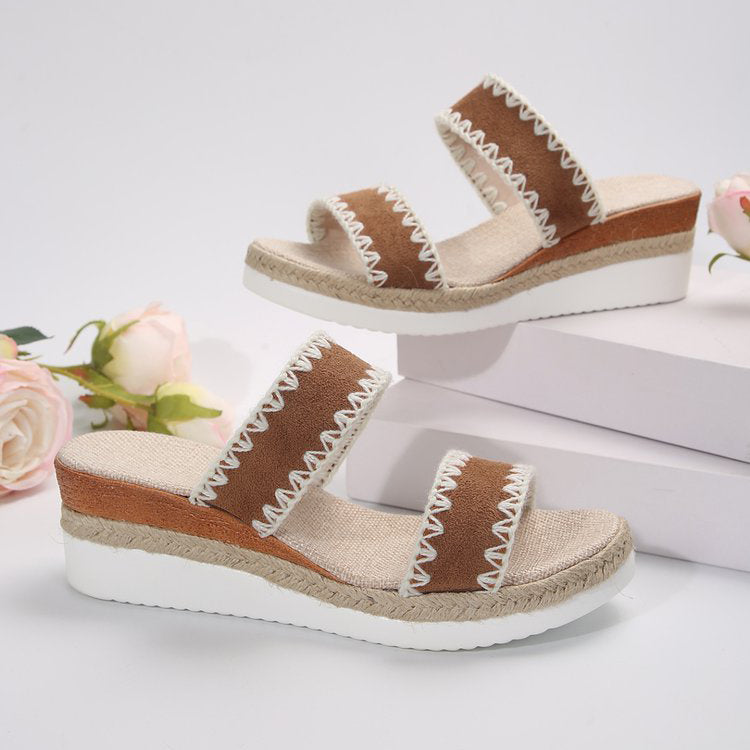 New Hemp Rope Woven Wedge Slippers Summer Ethnic Style Sandals Double Wide Strappy Shoes For Women - Chilazexpress Ltd