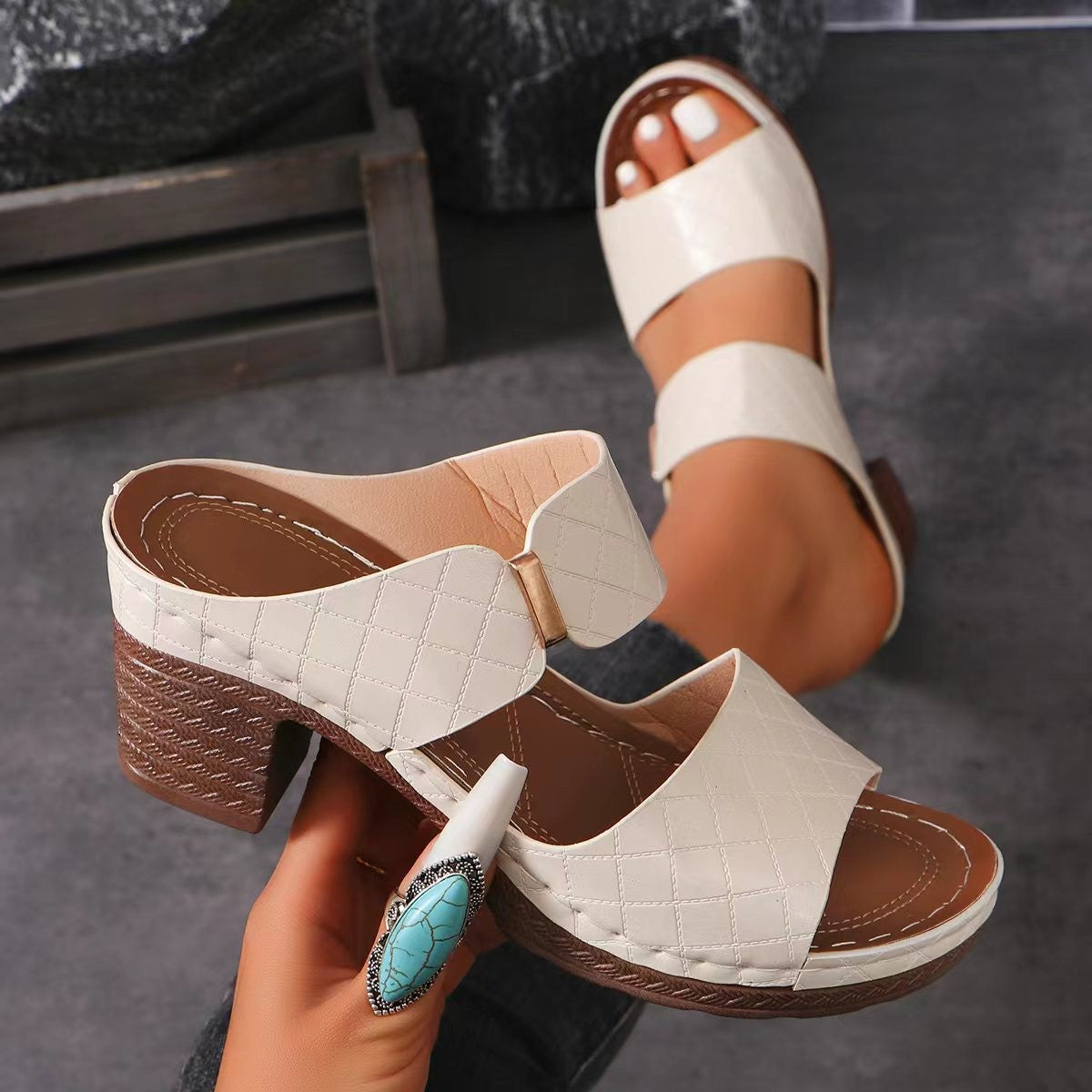 Chunky Heel Sandals Summer Round Toe Plaid Slides Slippers Fashion Outdoor High Heels Shoes For Women - Chilazexpress Ltd