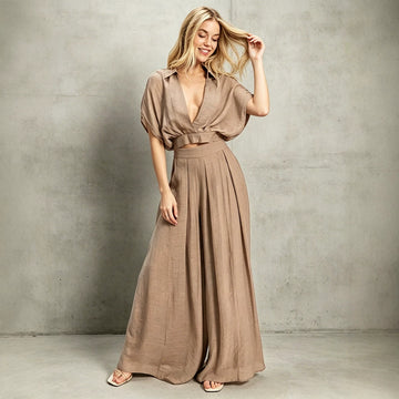 V-neck Solid-color Casual Cardigan Loose-fitting Set