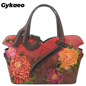 Gykaeo 2022 European and American Style Women&#39;s Floral Genuine Leather Bags Women Cowhide Tote Bag Ladies Shopping Shoulder Bags