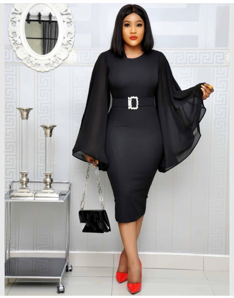 Black Elegant Women Office Chiffon Flare Bodycon Midi Dresses