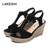 LAKESHI Women Sandals Wedge Sandals Platform Zip Summer Women Shoes Black Peep Toe Ladies Sandals 2022 Women Shoes Big Size 43