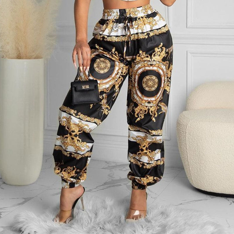 2022 Summer Women Clubwear Scarf Print Crop Top & High Waist Long Pant