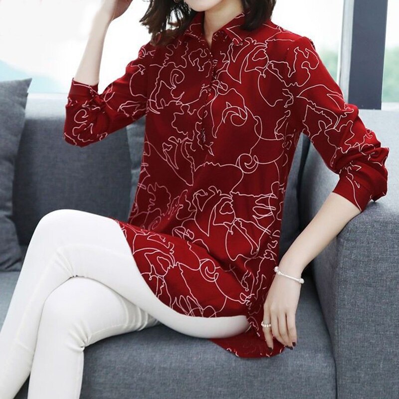 Vintage Casual Printing Button Long Shirt Summer Autumn 2022 Polo-Neck Long Sleeve Loose Oversized Pullovers Tops Women Clothing