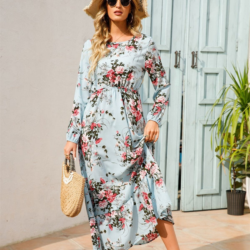 Elegant Floral Boho Vestido Female High Waist Bohemian Maxi Dresses For Women 2023 Chic Korean Long Sleeve Beach Outfits Robe