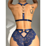 O-Ring Bowknot Decor Lace Lingerie Two Piece Set Women Sexy Strap V Neck Bra Top + See Through Brief Suit Underwear Sleepwear