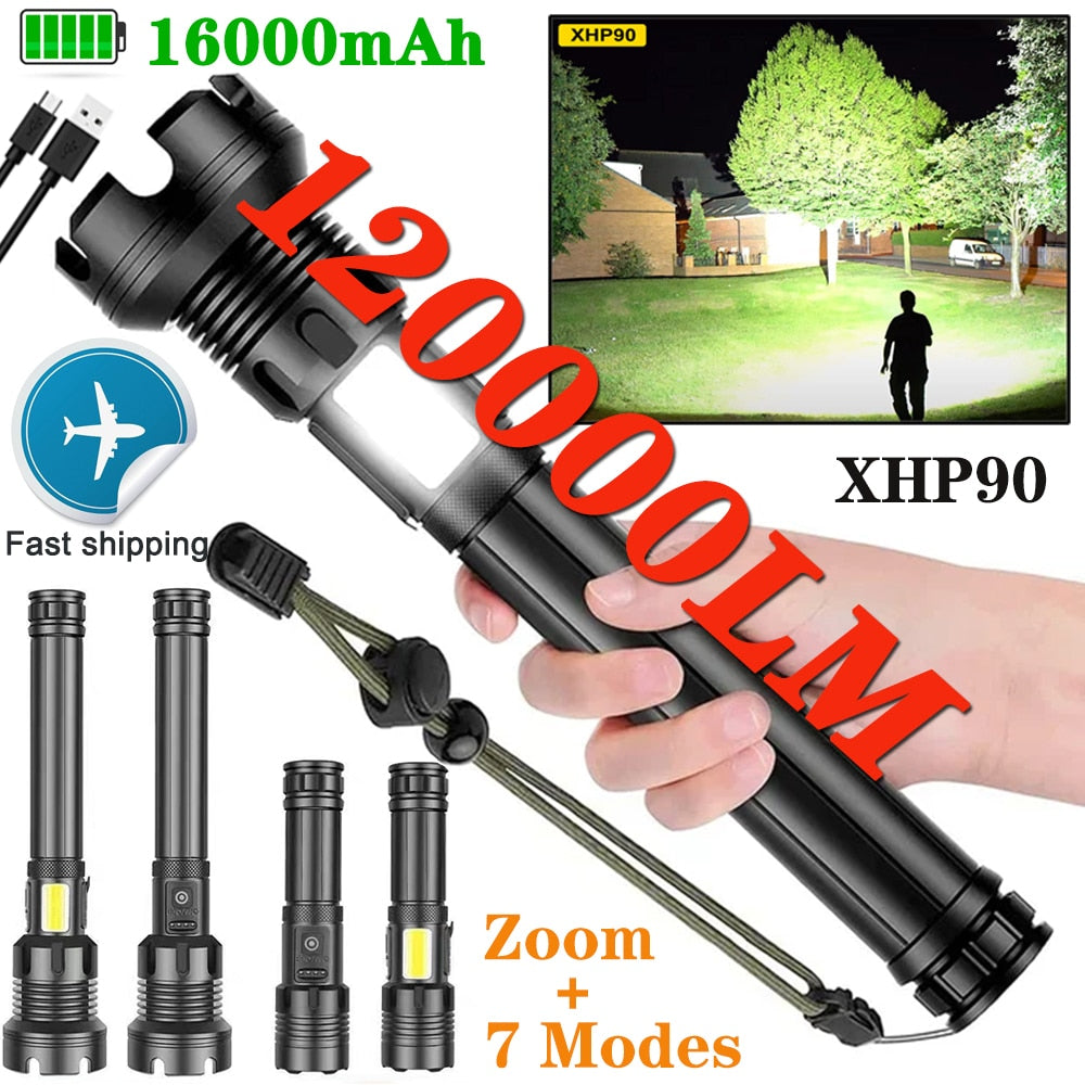 Rechargeable Super Bright Tactical Flashlight High Lumens Zoomable LED Flashlight With COB Side Light 7Modes Floodlight Torch