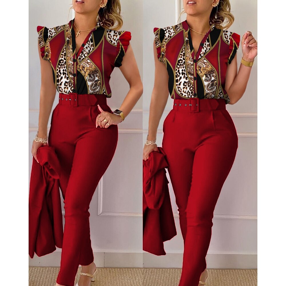 Women Casual Baroque Leopard Print Flutter Sleeve Top & Pants Set With Belt Female Two Piece Suit Sets Outfits Summer Workwear