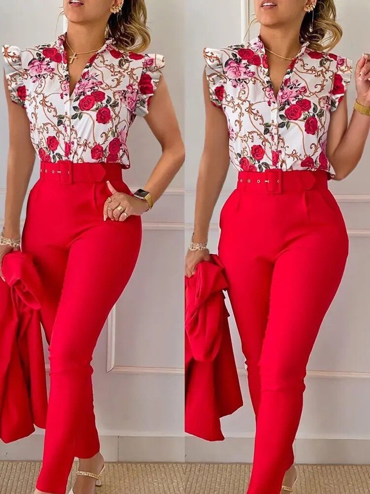 Print Button Flying Sleeve Two Piece Set V-neck Shirt Belt Pants Elegant Suits 2023 Fashion Women Slim Fit Office Lady Blouses