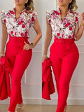 Print Button Flying Sleeve Two Piece Set V-neck Shirt Belt Pants Elegant Suits 2023 Fashion Women Slim Fit Office Lady Blouses
