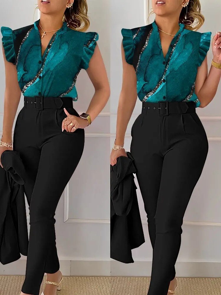 Print Button Flying Sleeve Two Piece Set V-neck Shirt Belt Pants Elegant  Suits 2023 Fashion Women Slim Fit Office Lady Blouses