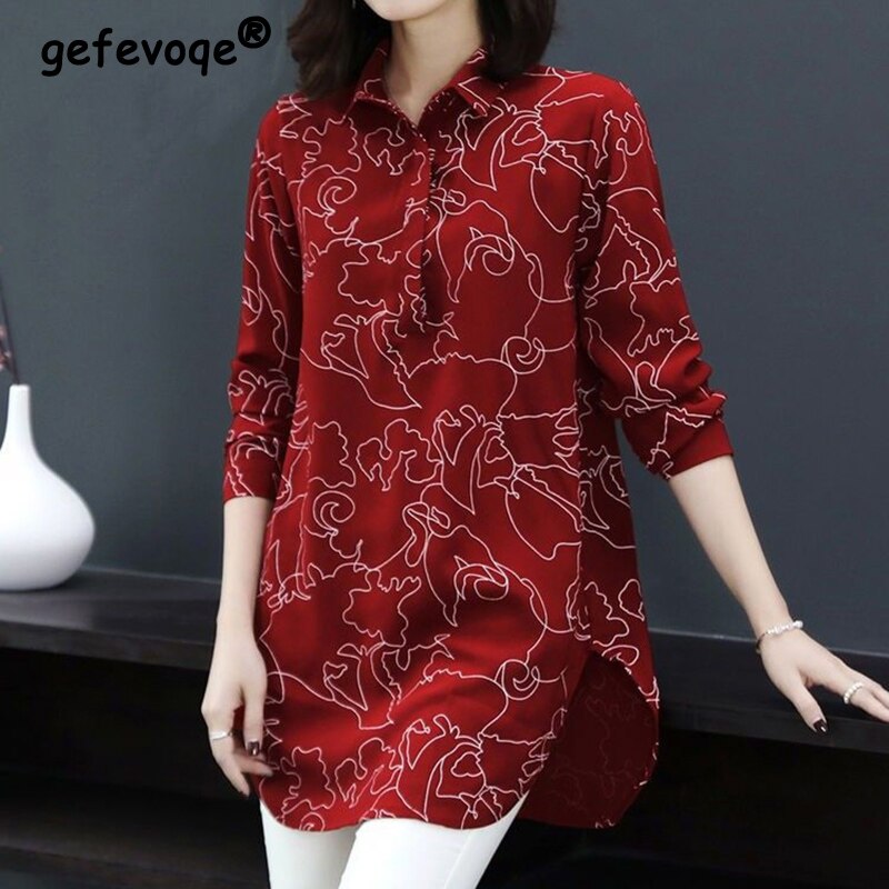 Vintage Casual Printing Button Long Shirt Summer Autumn 2022 Polo-Neck Long Sleeve Loose Oversized Pullovers Tops Women Clothing
