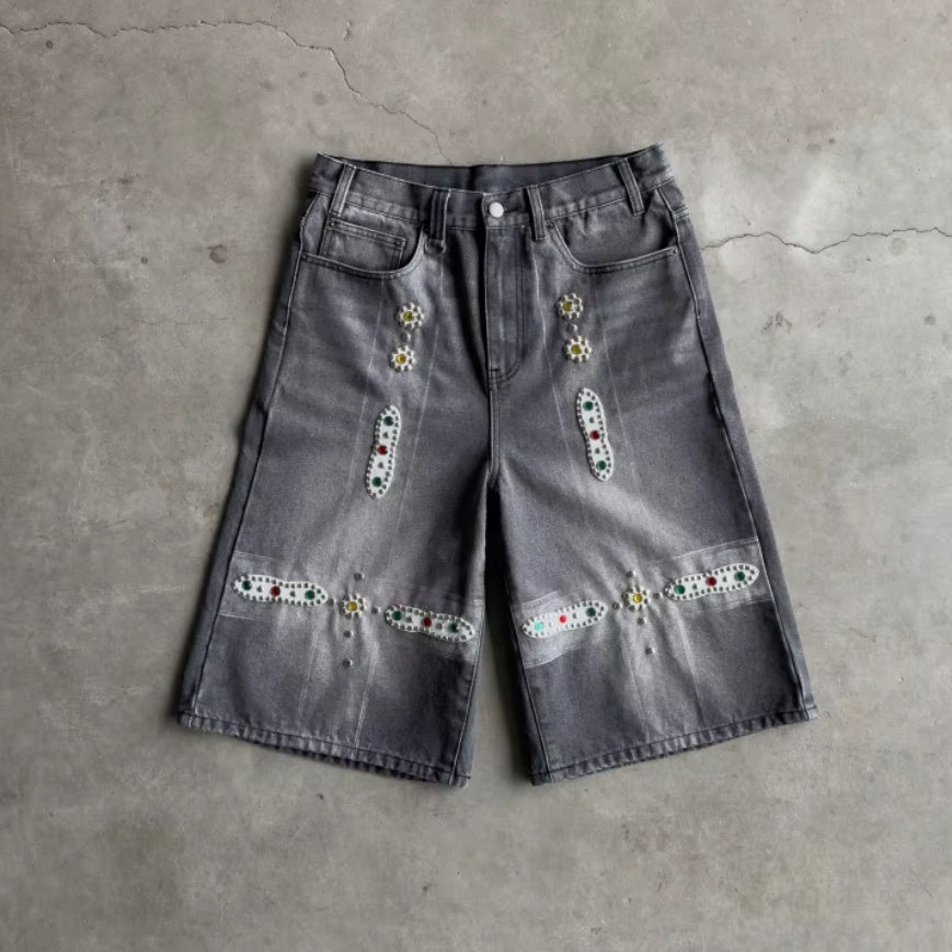 Leather Patchwork Studded Rhinestone Shorts