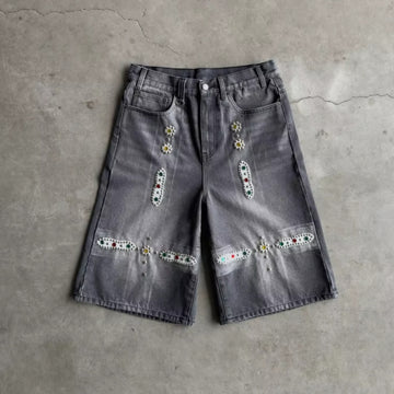 Leather Patchwork Studded Rhinestone Shorts
