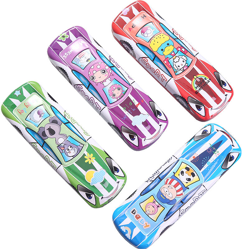 Tinplate Car Trolley Double-layer Stationery Box Racing Shape Pencil Case Cartoon Pattern Pencil Case
