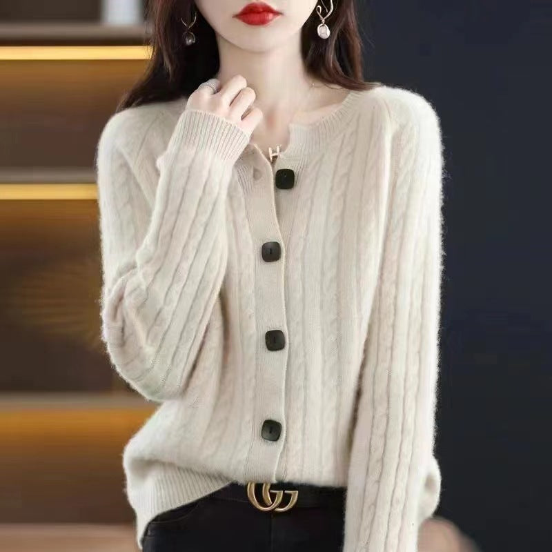 Autumn Short All-match Twist Cardigan Round Neck Loose Sweater Coat Knitted Long Sleeves Outer Match Thick
