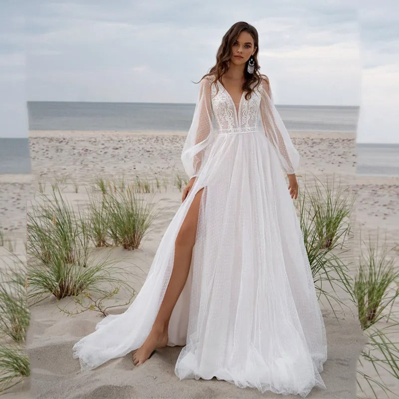 Beach Boho V-Neck Tulle Wedding Dress