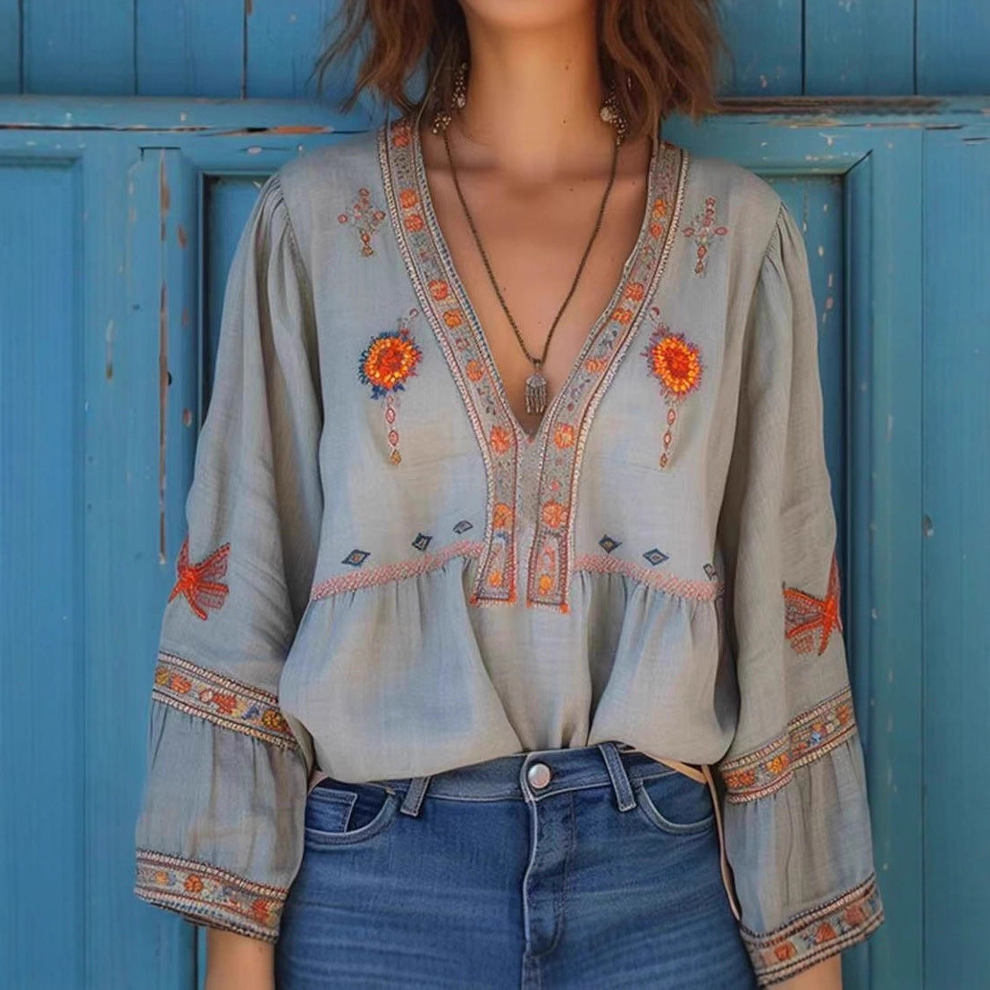 V-neck Loose Fit Long Sleeve Top