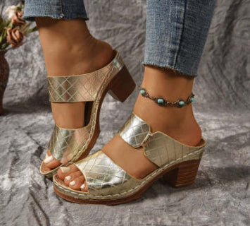 Chunky Heel Sandals Summer Round Toe Plaid Slides Slippers Fashion Outdoor High Heels Shoes For Women - Chilazexpress Ltd